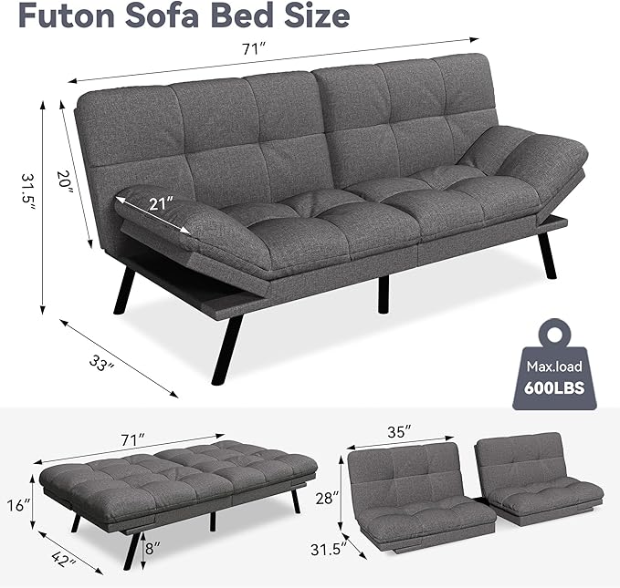 Vyfipt Convertible Futon Sofa Bed 71 Memory Foam Futon Couch with DetachableAdjustable BackrestLinen Fabric Folding Small Loveseat Sleeper for for Living RoomRVOfficeApartmentLight Grey