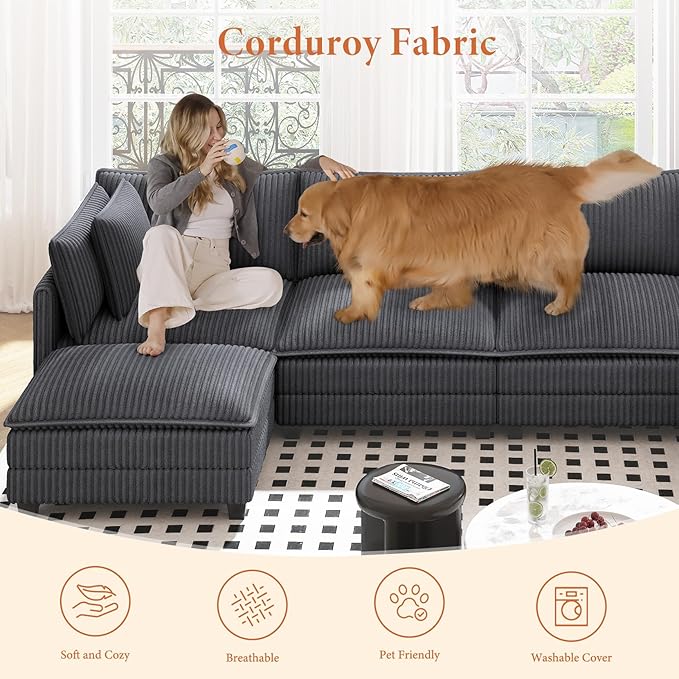 Vesgantti 109 U Shaped Cloud Sectional Sofa Comfy Corduroy Upholstered Sectional Modular Sofas for Living Room Modern Modular Couch with 2 Ottoman Deep Seat Charcoal Grey