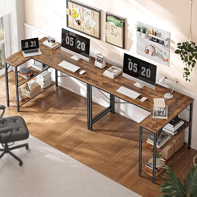 Huuger 47 Inches L Shaped Desk Computer Desk with Reversible Storage Shelves for Gaming Corner Home Office Writing Study Metal Frame Rustic Brown