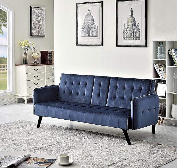 Container Furniture Direct 72 Velvet Convertible Sofa Bed with Cup Holders Tufted Folding Futon Sleeper Couch Mid-Century Modern 3 Seater for Small Spaces 72 L x 34.6 D x 31 H Dark Blue
