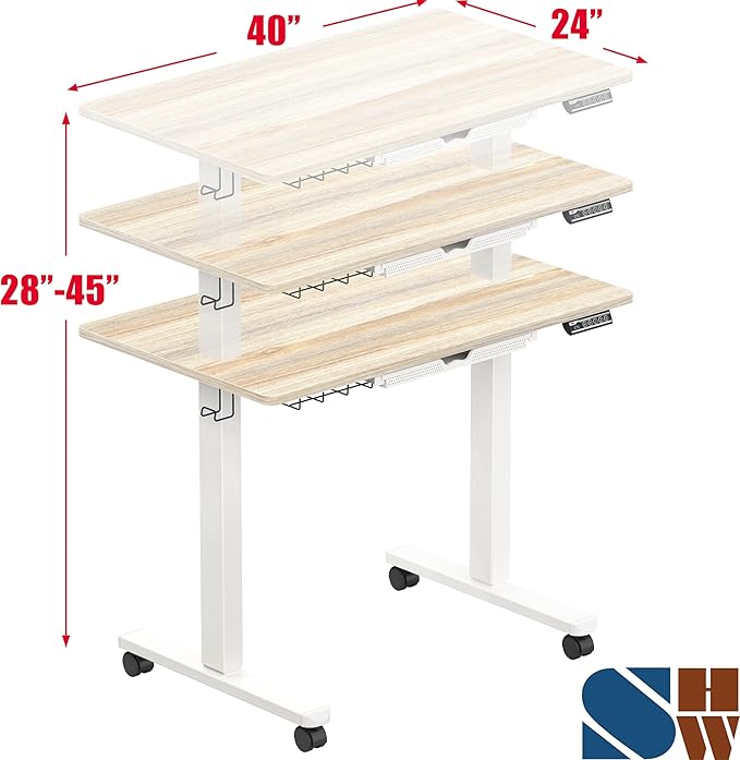 SHW 40-Inch Mobile Electric Height Adjustable Sit to Stand Desk with Drawer Hanging Hooks and Cable Management Maple