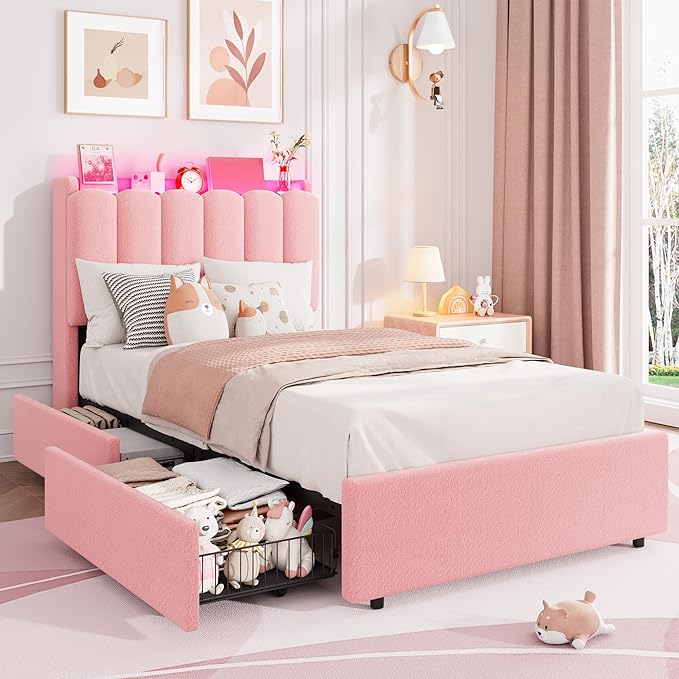 Garvee LED Twin XL Bed Frame with Storage Headboard Kids Bed Frame with 2 Drawers Boucle Upholstered Platform Bed for Girls Chic Wavy Headboard with Bookcase No Box Spring Needed Pink