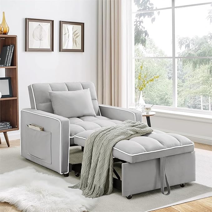 3 in 1 Convertible Sleeper Sofa Chair BedVelvet Tufted Upholstered Pull Out Sleeper Chair with Adjustable Backrest &amp Side PocketsModern Recliner Lounger Bed for Living Room/Office/Small Space(Gr