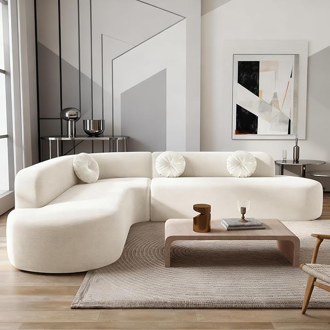 122'' Curved Sectional Cloud Sofa Modern L Shaped Couch with Chaise &amp Pillows Comfy Upholstered Deep Seat Compression Boneless Sofa for Living Room Apatment Office No Assembly Required Beige