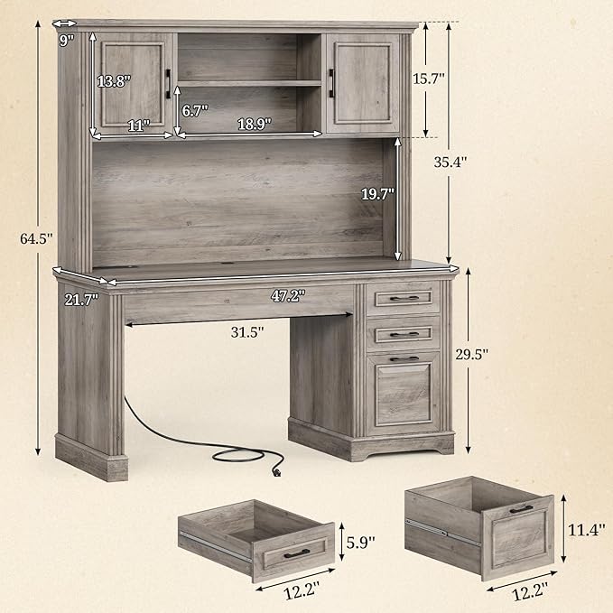 SEDETA Office Desk with 3 Drawers 47.2 Executive Computer Desk with Storage Drawers and Hutch Cabinet Wood Farmhouse Desk with Power Outlet for Home Office Grey