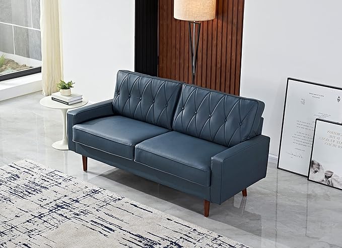 Container Furniture Modern Style Faux Leather Sofa with Elegant Round Tapered Legs and Button Tufted Backrest Perfect for Living Room Bedroom or Home Office 69.3’’ Wide Blue