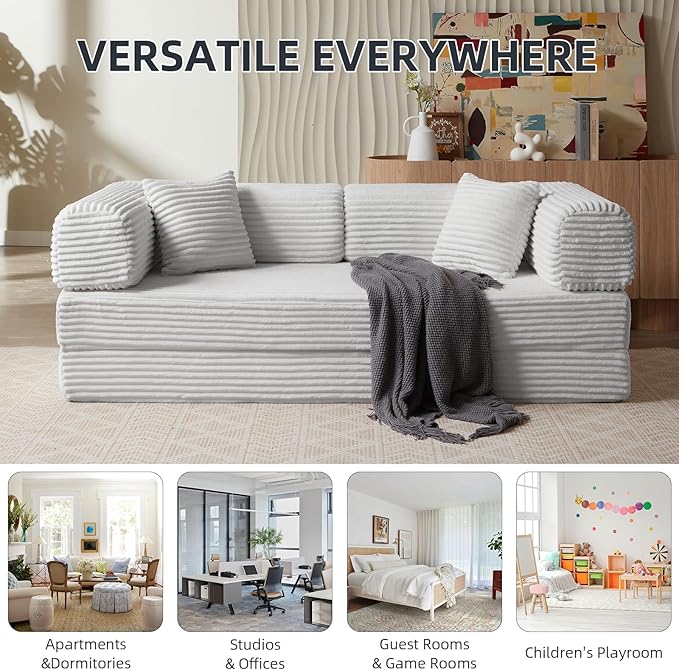 4-in-1 Convertible Folding Sleeper Sofa Bed Plush Corduroy Foldable Mattress Couch with Fixed-Shape Frame Floor Compressed Sofa for Living Room Bedroom (Light Grey)