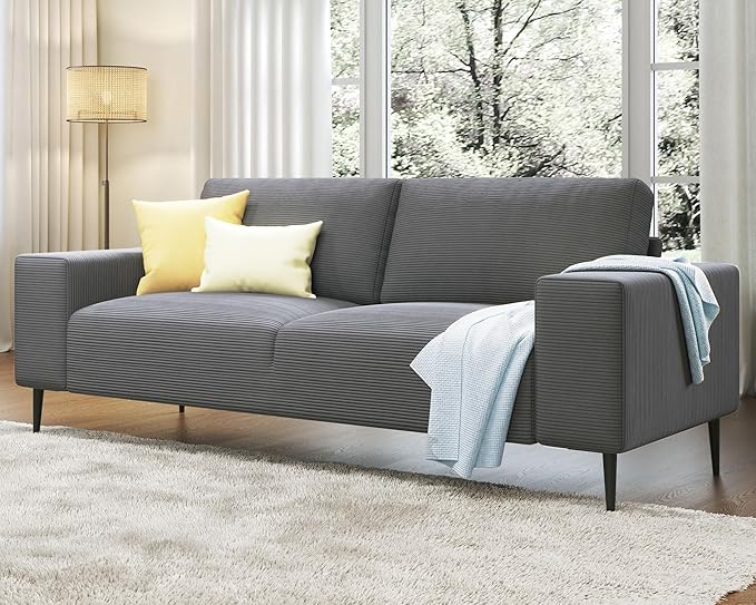 AMERLIFE 89 inch Sofa - Modern Comfy Couch with Extra Deep Seats 3 Seater for Living Room Grey Corduroy