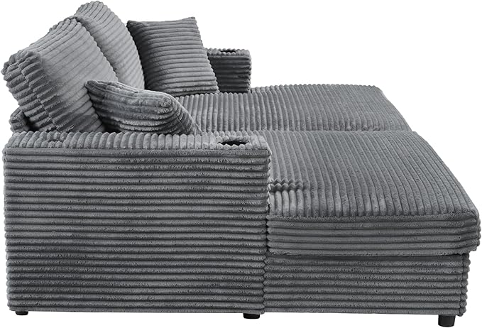 86.5 Oversized Double Chaise Lounge Indoor Corduroy Upholstered Sofa Bed  Deep Seat Lounger Loveseat Recliner Daybed with Dual USB Ports  Two Cup Holders and Throw Pillows for Living Room Bedroom