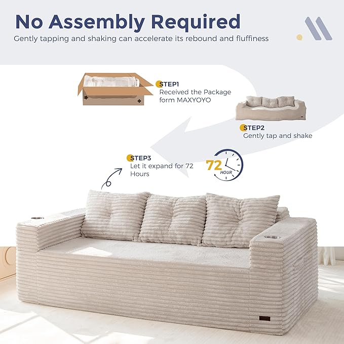 MAXYOYO 79 Oversized Boneless Loveseat Sofa Couch for Small Spaces Mini Love Seat Floor Couch with Cup Holders and Pillows 3-Seater Upholstered Cloud Couch for Bedroom No Assembly Required