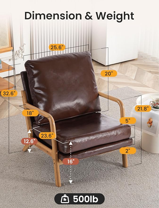 Mid Century Modern Accent Chairs for Living Room 23” Wide Comfy Chair for Bedroom Small Cozy Leather Reading Chairs for Adults 108° Lounge Arm Chair Indoor with Detachable Cover 5.5 Foam Cushion