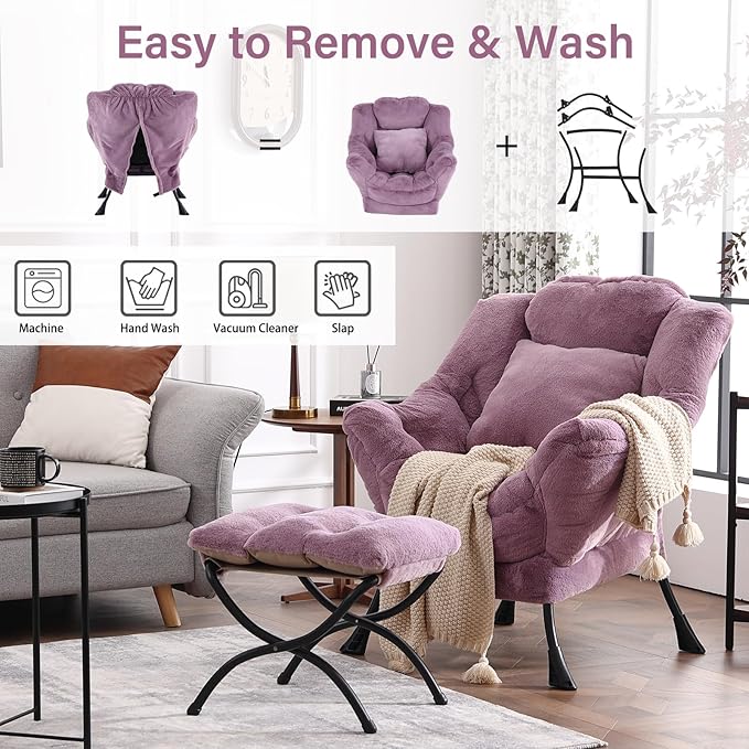 Lazy Chair with Ottoman Reading Chair with a Pillow Leisure Sofa Armchair with Ottoman Large Accent Chair for Bedroom Living Room Dorm Room Plush Purple