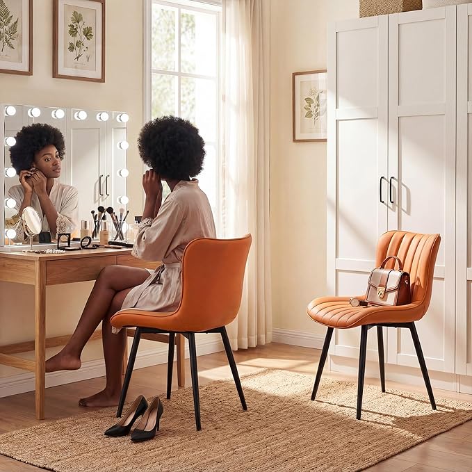 YOUNUOKE Dining Chairs Set of 2 Camel Mid Century Modern Kitchen Chairs Armless Faux Leather Upholstered Dinner Side Chair with Back for Guest Reception Living Room Matte Orange