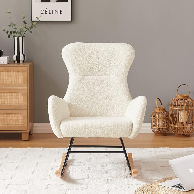 Nursery Rocking ChairUpholstered Glider Rocker with High Backrest for Living Rooms Bedrooms Offices (Beige Teddy)