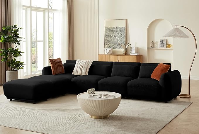 U Shaped Cloud Sectional Convertible L Shaped Couch with Removable OttomansModular Cloud Couch Sectional for Living Room (4 Set + 2 Ottomans - Black)