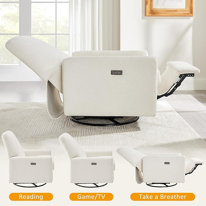 VANOMi Power Swivel Glider Recliner Chair Electric Nursery Rocker Recliner Chair USB &amp Type-C Charger Boucle White