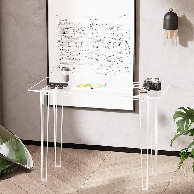 Acrylic Desk Acrylic Table &amp Clear Desk - Modern Home Office Study Table Extended Surface Multi-Purpose Console Sturdy Lightweight for Small Spaces Transparent Workstation (Transparent-M)