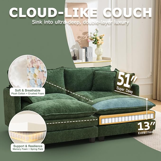 78 Modular Sectional Sofa Cloud Couch Loveseat Sofa with 2 Movable Ottoman Comfy Chenille Deep Seat Sofa with Throw Pillows 4 Seat Modern Couches for Living Room Bedroom and Apartment Green