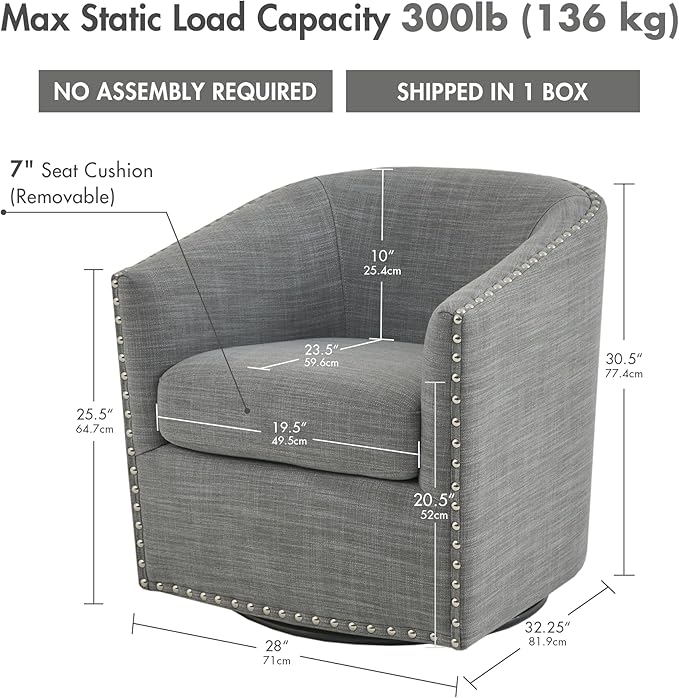 Madison Park Swivel Barrel Accent Chair Upholstered Curved Back with 7-Inch Thick Woven Cushion 360° Swivel Nailhead Trim Comfy Chair for Living Room Bedroom Office 28 Wide Grey Tyler