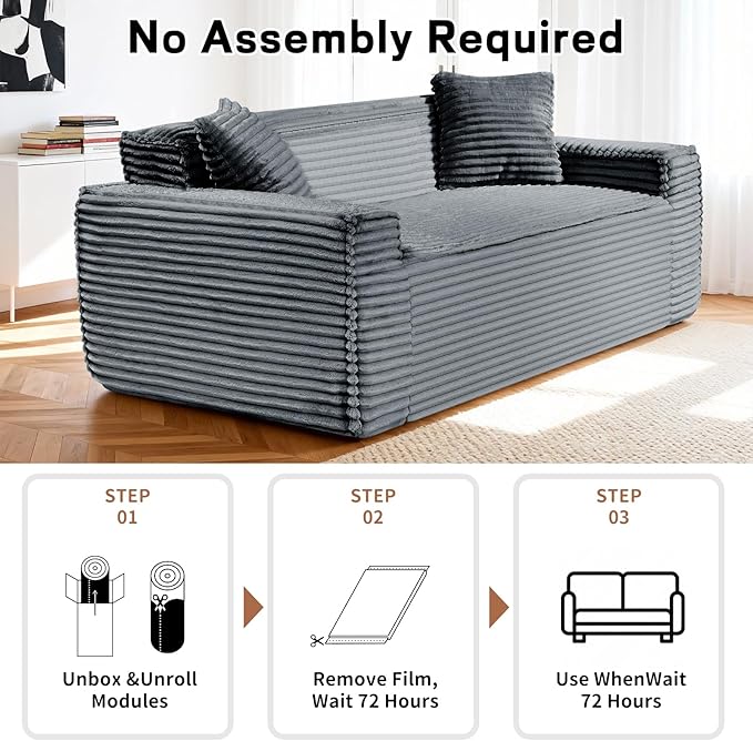 3 Seater Sofa Couch for Living Room (Gray 38 D + 2 Pillows)