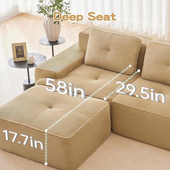 Boneless Couch Modular Sectional Sofa 153 Modern Cloud Couch with Deep Seat Comfy Corduroy U Shaped Sectional Couches for Living Room 4 Seater Tufted Floor Sofa with Movable Ottoman Camel