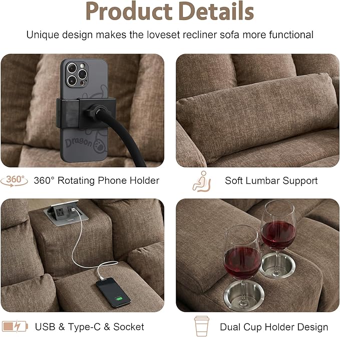 Recliner Loveseat Sofa with Rocker FunctionCat-Proof Rocking Reclining Loveseat with Phone Holder/USB/Type C RV Double Rocker Reclining Couch for Home TheaterLiving Room (Brown) | Rocker Function