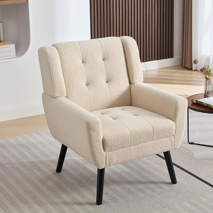 Modern Soft Teddy Material Ergonomics Accent Chair Living Room Chair Bedroom Chair Home Chair with Black Legs for Indoor Home White Teddy Fabric