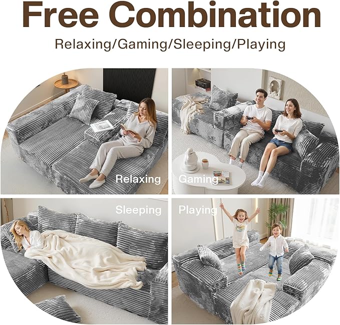 Modular Sectional Sofa Boneless Cloud Couch with Chaise Lounge 4-in-1 Flexible Combination Faux Rabbit Fur &amp Layered Cushion Deep Seat No Assembly (Light Grey Right Facing Chaise)