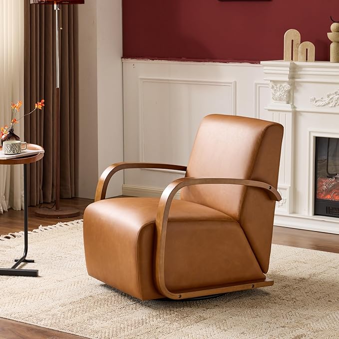 Upholstered 360° Swivel Accent Chair – Solid Wood Curved Arms Mid-Century Modern Design Ergonomic Comfort for Living Room Bedroom Reading Nook Small Single Sofa(Antique Brown)