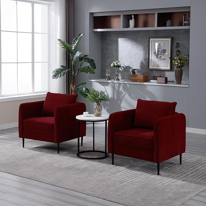 Wine Red Accent Chair for Living Room Modern Upholstered Accent Chair Comfy Velvet Armchair with Thick Cushion Single Sofa Arm Chairs for Bedroom Office Reading RoomClub (Wine Red)