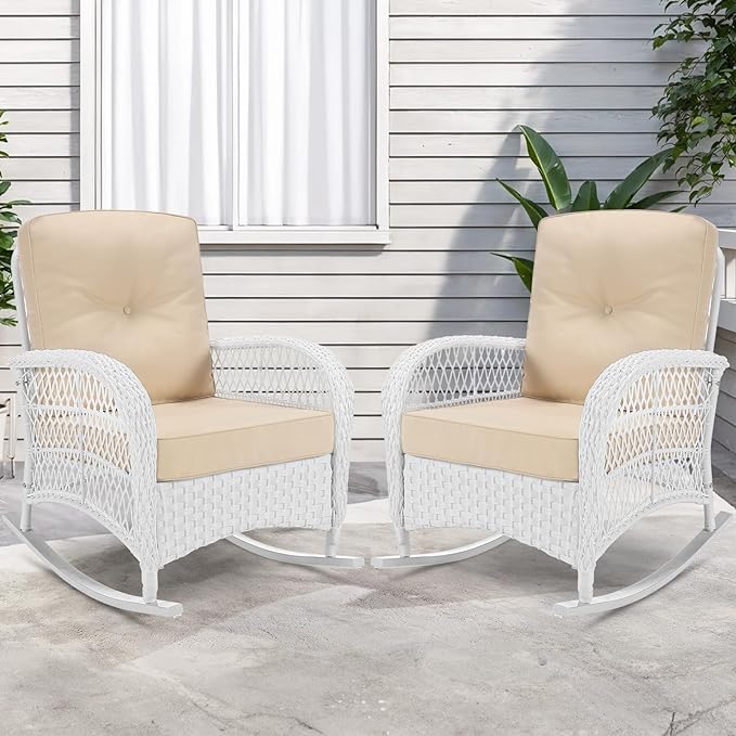 VIVIJASON 2 Piece Patio Wicker Rattan Rocker Chair Outdoor Rattan Rocker Chair with Cushions &amp Steel Frame All-Weather Rocking Lawn Wicker Furniture for Garden Backyard Porch (White Wicker/Beige