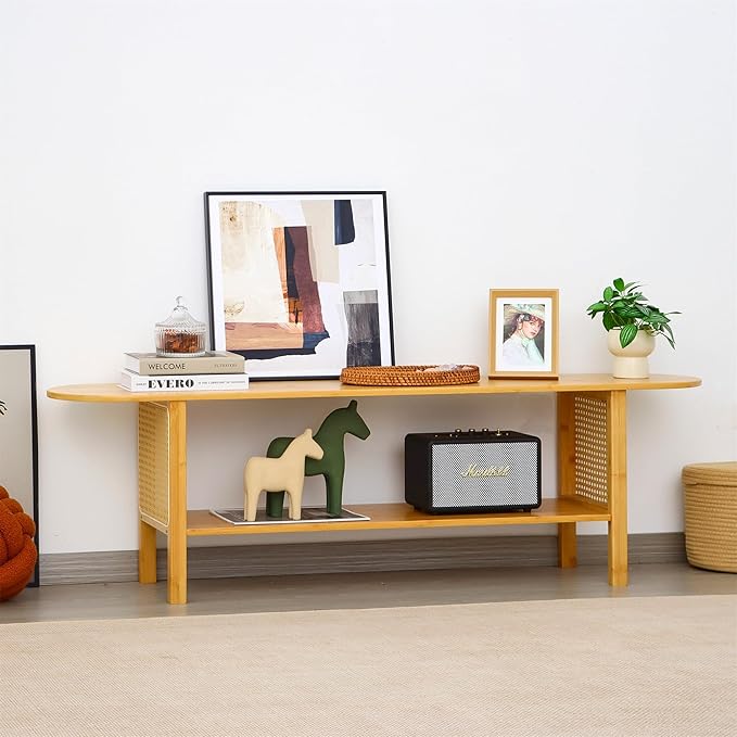 Bamboo TV Stand for TVs up to 65 Accent Entertainment Center with Storage Media Console Table with Rattan Modern TV Stand for Living Room Bedroom 55(L) Burlywood