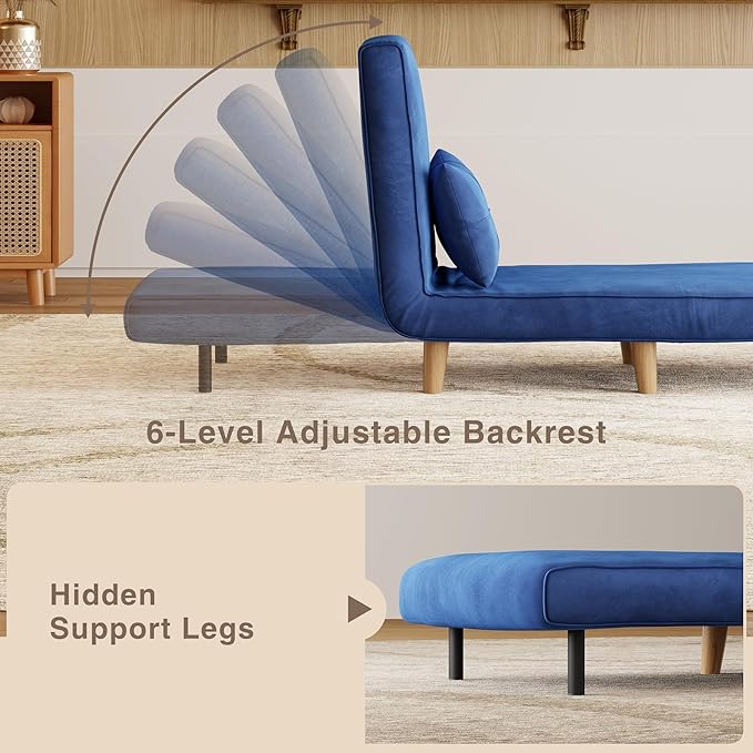 Aiho 3 in 1 Sleeper Chair Convertible Futon Chair Bed Velvet Sofa Bed with Adjustable Backrest Living Room Chair for Apartment/Bedroom/Guest Room Blue