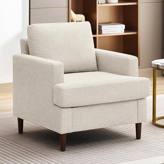 Mid-Century Accent ChairModern Linen Fabric Armchair for Living RoomComfy Upholstered Reading Accent Chairs for BedroomSingle Sofa Chair with Wood Legs (Beige 1 Pack)