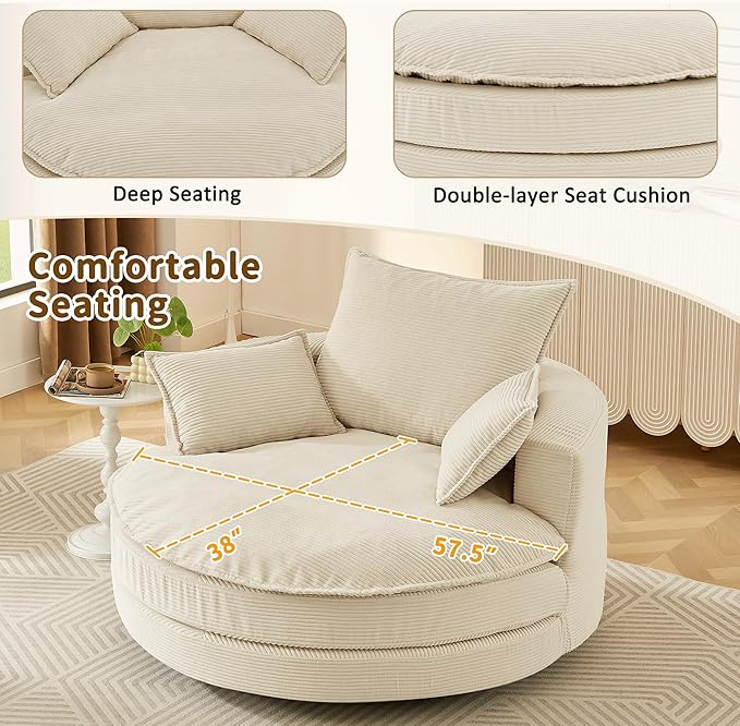 360°Swivel Accent Barrel Chair with Dual Layer Cushion 57.5 Oversized Circle Sofa Chairs with 3 Pillows Modern Round Corduroy Chaise Lounge for Office Bedroom Living Room Beige
