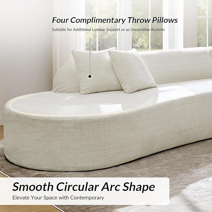 141.75 Modern Curved Compressed Sofa All-Foam Cloud Couches with 4 Pillows No Assembly Required Boneless Sectional Sofas Large Floor Couch for Living Room Ivory