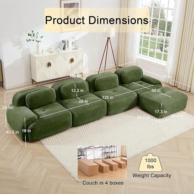 153 Foam Compressed Cloud Sofa28 Feep Seat Pet-Friendly Corduroy Oversize Sectional Couch with Movable Ottoman 4 Seater Modular Cloud Couch for Living Rooms Apartments Leisure RoomsGreen