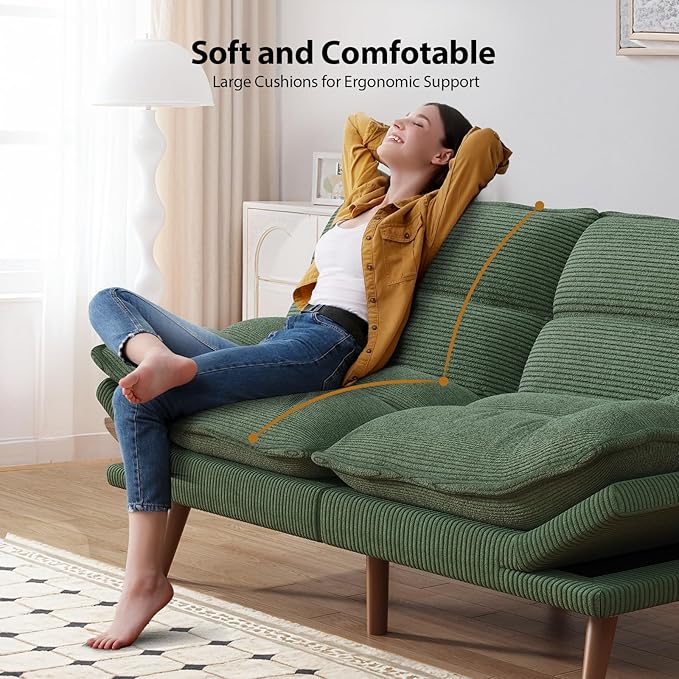 Pipishell Futon Sofa Bed Convertible Futon Adjustable Backrest &amp Armrests Corduroy Sleeper Couch for Small Spaces Living Room Office Guest Room (Moss Green 66 Inch)