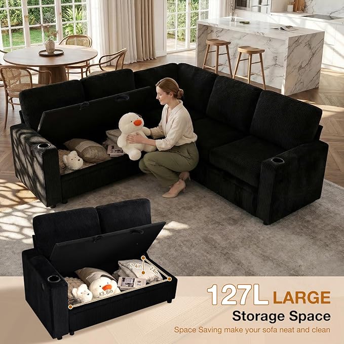 83 Sleeper Couch with Pull Out Sofa Bed 5-Seater Sectional Couches for Living Room L-Shaped Couch with Storage USB Port &amp Cup Holder Corduroy Convertible Corner Sofa for Apartment