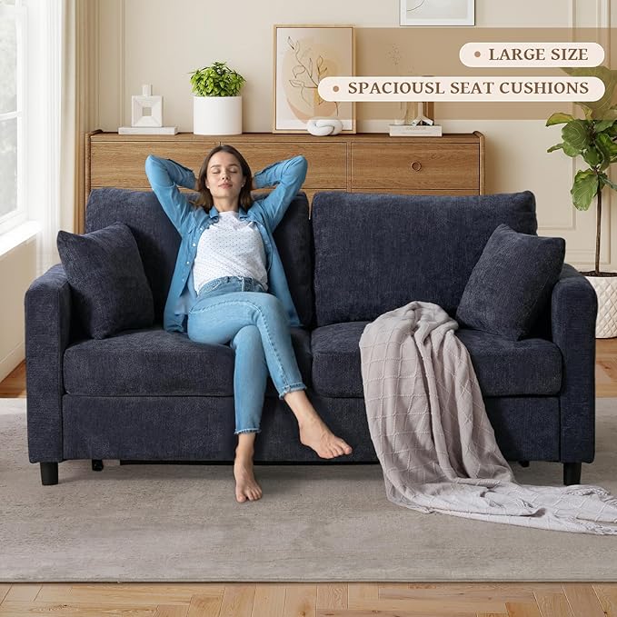 Full Size Pull Out Sofa Bed 3 in 1 Chenille Convertible Loveseat Sleeper Sofa Bed with Memory Form Mattress Pull Out Couch with Square Arms &amp Plillows for Living Room Bedroom Small Space(Grey)