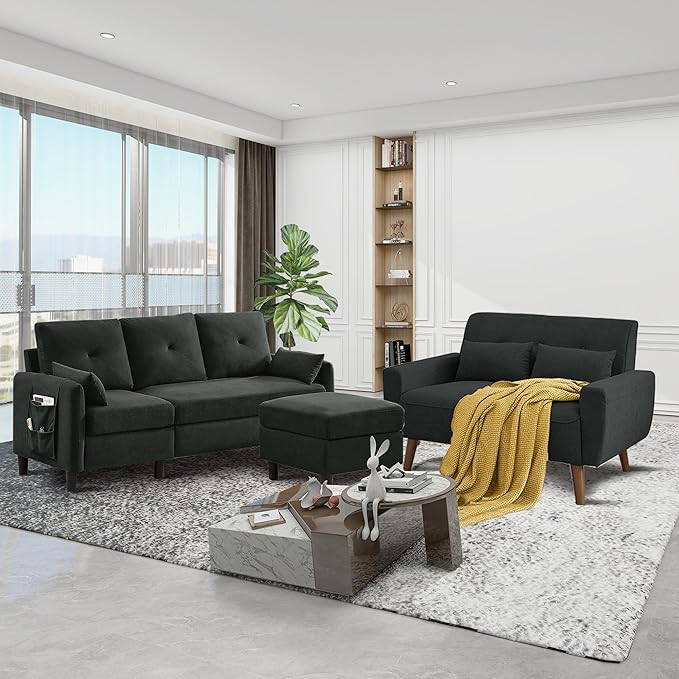 Convertible Sectional Couch Set 77 L Shaped Sofa with Ottoman and 48 Loveseat Modern Couches for Living Room Apartment and Office Black