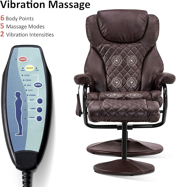 MCombo Recliner with Ottoman Reclining Chair with Massage 360 Swivel Living Room Chair Faux Leather 4901 (Dark Brown)