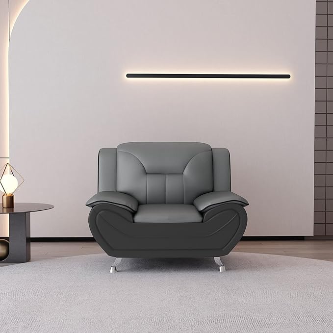 Container Furniture Modern Style Living Room Chair with Top Grade Faux Leather Upholstery and Extra Comfortable Pillow Top Armrests 47.3’’ Wide Grey &amp Black