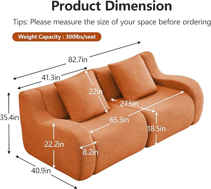 Oversized Modular Couches 82.7 Inch Sectional Boneless Sofa with Deep Seat Love Seat Couches for Living Room Apartment No Assembly Required (Burnt Orange)