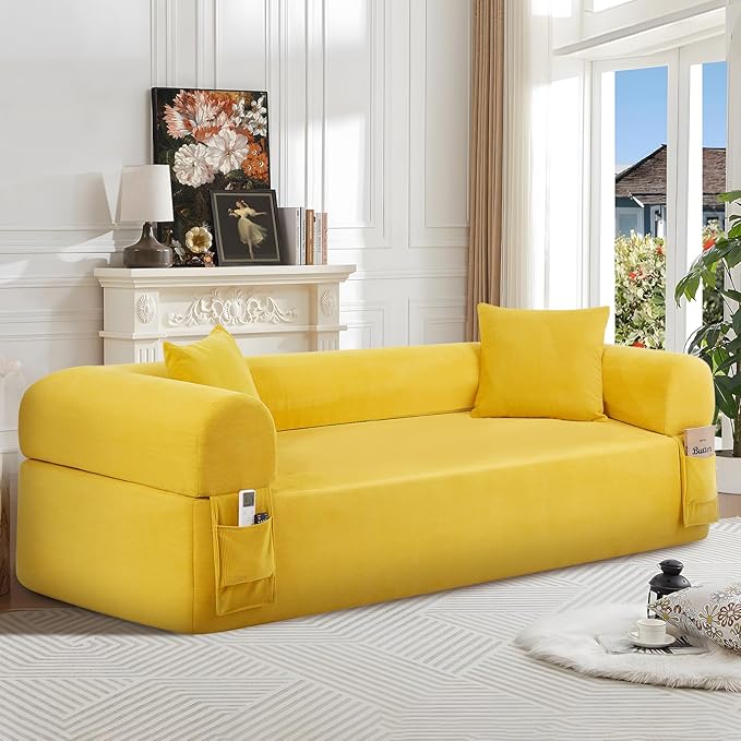 83 Boneless Couch 3 Seater Sofa with 2 Matching Pillows Compact Corduroy Couches for Living Room Side Storage Pockets Floor Sofa with Removable Armrests No Assembly Required Yellow