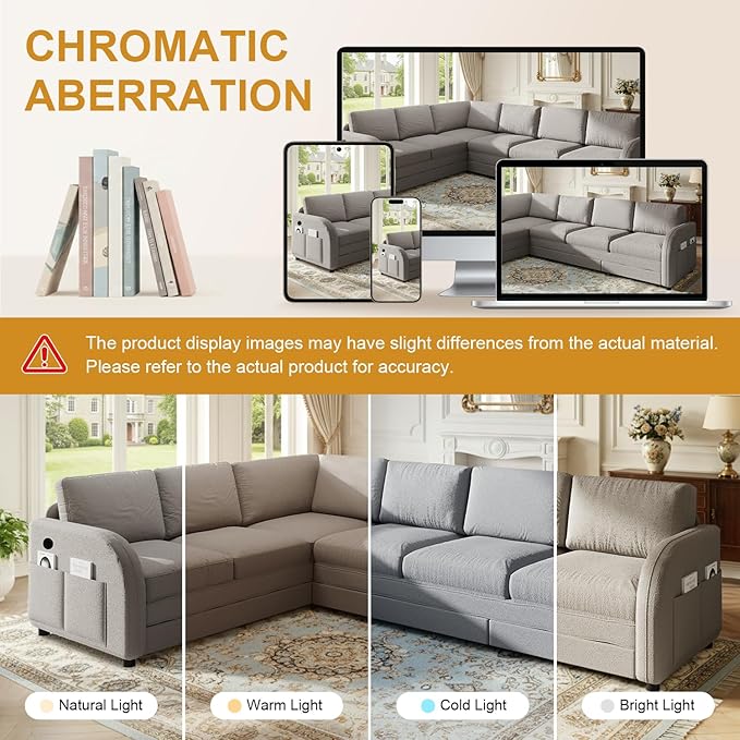 115.2 L Shaped Couch Bed Sectional Couches for Living Room Teddy Fabric Sleeper Sofa Bed with Pull Out Couch Convertible Sectional Couch with Charging Station &amp Side Pocket Light Grey