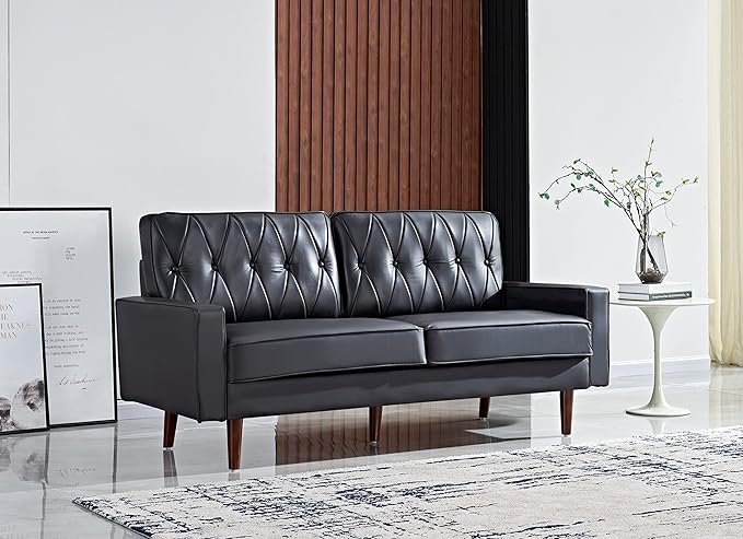 Container Furniture Modern Style Faux Leather Sofa with Elegant Round Tapered Legs and Button Tufted Backrest Perfect for Living Room Bedroom or Home Office 69.3’’ Wide Black