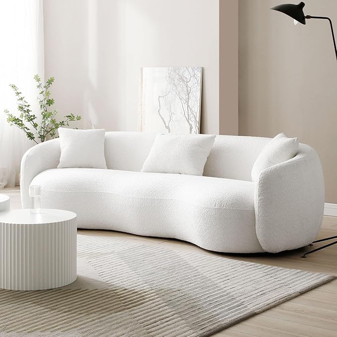 WILLIAMSPACE 94 Modern Curved Sofa Back Upholstered Boucle Couch with 3 Throw Pillows 3-Seat Boucle Fabric Couch for Living Room Office Apartment White