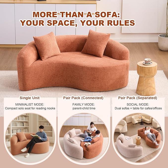 Modern Chenille S-Curved Modular Loveseat Sofa 66.9 Compression Sponge Boneless Couch No Assembly Required Cozy Upholstered Seating for Living Room Apartment Office or Meditation Space (Coral)