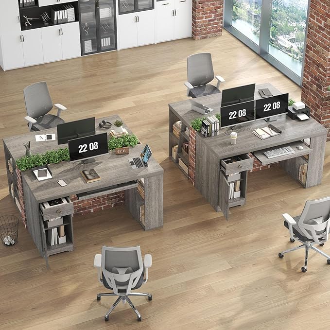 HSH 55 Office Computer Desk with Drawers Farmhouse Grey Executive Desk with Storage Shelves and Cabinet Modern Wooden Computer Table Teacher Desks with Keyboard Tray for Home Writing Work Study